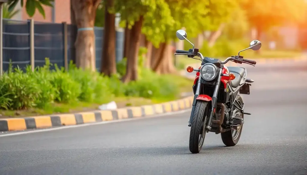 A motorcycle parked on the roadside, surrounded by greenery and a clear blue sky in the background.