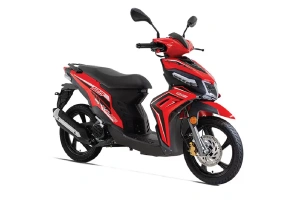 A vibrant red and black Keeway K Blade 125 scooter displayed on a white background, highlighting its modern features and stylish appearance.