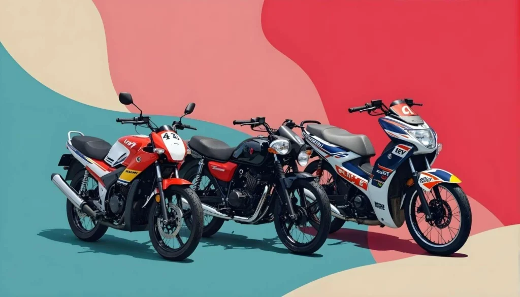 Three motorcycles displayed prominently against a vibrant, colorful background, showcasing their sleek designs and features.