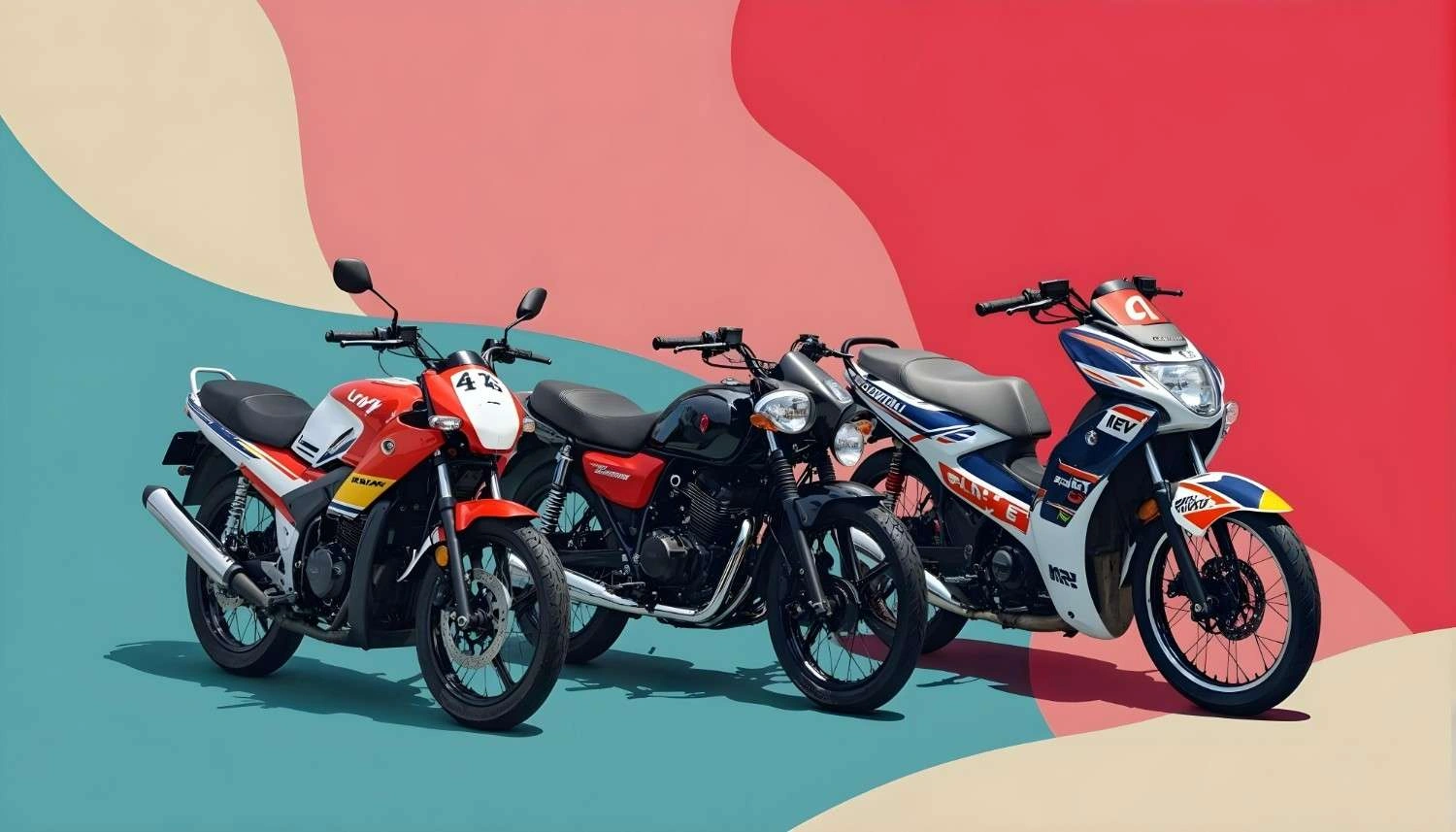 Three motorcycles displayed prominently against a vibrant, colorful background, showcasing their sleek designs and features.