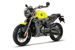 A bright yellow motorcycle displayed against a stark white background, highlighting its modern features and eye-catching hue.